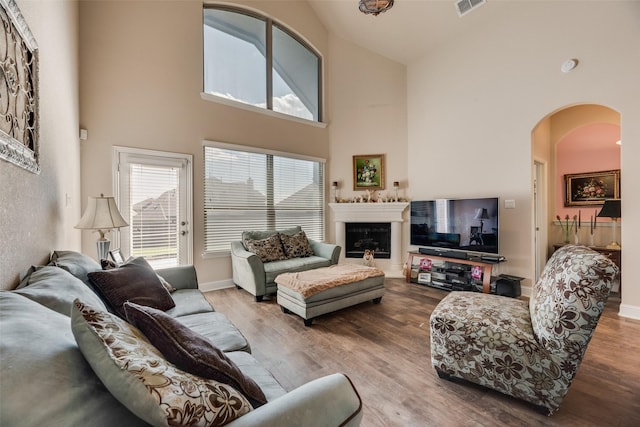 1537 Firenza Ct, Mclendon Chisholm, TX 75032 - living area with high vaulted ceiling, arched walkways, wood finished floors, a fireplace, and baseboards