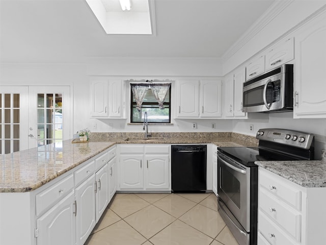 3804 Chestnut St, Fort Worth, TX 76137 - kitchen with stainless steel appliances, a sink, a peninsula, light tile patterned floors, and white cabinets