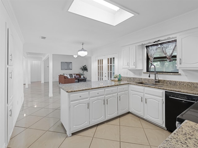3804 Chestnut St, Fort Worth, TX 76137 - kitchen featuring a sink, dishwasher, crown molding, light tile patterned floors, and white cabinets