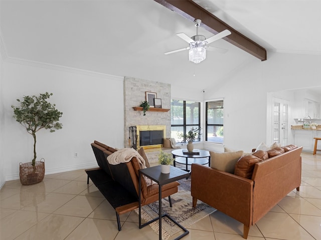 3804 Chestnut St, Fort Worth, TX 76137 - living area featuring light tile patterned floors, a fireplace, a ceiling fan, and baseboards