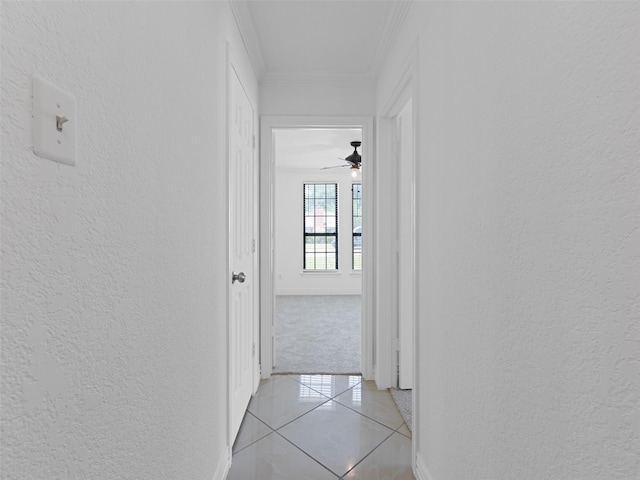 3804 Chestnut St, Fort Worth, TX 76137 - hallway with a textured wall, light tile patterned floors, ornamental molding, baseboards, and light carpet