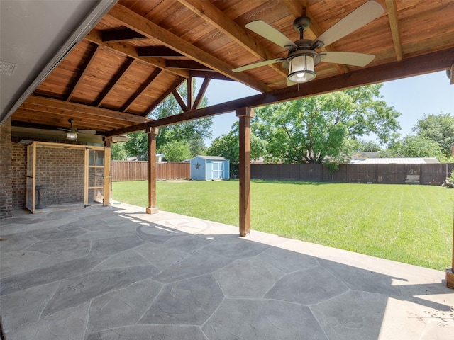 3804 Chestnut St, Fort Worth, TX 76137 - view of patio with ceiling fan, a shed, and an outdoor structure