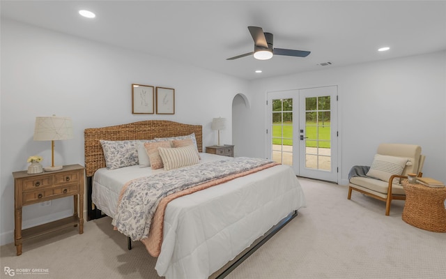 4131 Waller Dr, Shreveport, LA 71119 - bedroom featuring access to outside, recessed lighting, light colored carpet, arched walkways, and a ceiling fan