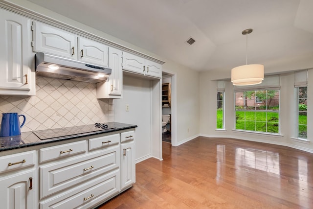 907 Sunpoint Cir, Rockwall, TX 75087 - kitchen with under cabinet range hood, black electric cooktop, light wood finished floors, tasteful backsplash, and lofted ceiling