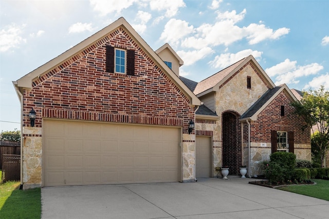 106 Magnolia Ln, Hickory Creek, TX 75065 - french country inspired facade featuring stone siding, driveway, a garage, and brick siding