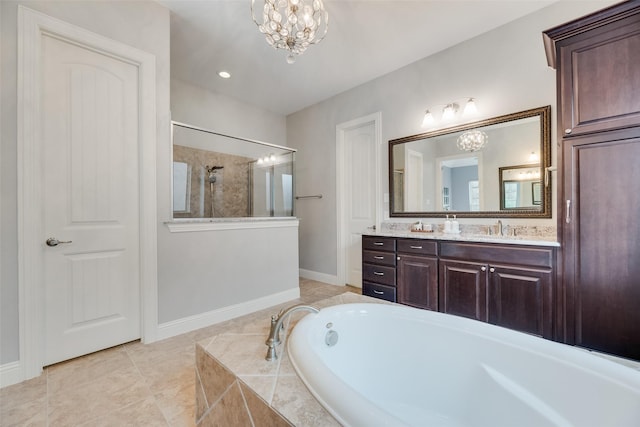106 Magnolia Ln, Hickory Creek, TX 75065 - bathroom featuring a chandelier, a bath, vanity, walk in shower, and tile patterned flooring