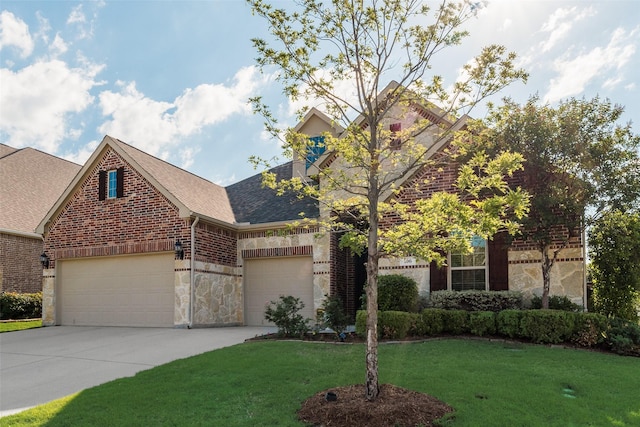 106 Magnolia Ln, Hickory Creek, TX 75065 - view of front of home featuring an attached garage, a front lawn, concrete driveway, stone siding, and a shingled roof