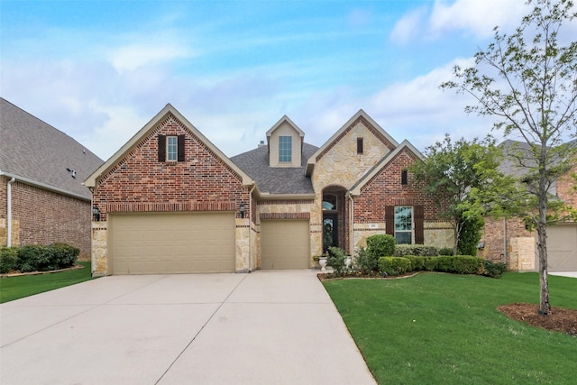 106 Magnolia Ln, Hickory Creek, TX 75065 - view of front of property featuring stone siding, concrete driveway, a front yard, brick siding, and an attached garage