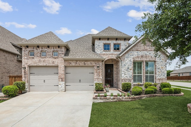 5400 Fringetree Dr, Mckinney, TX 75071 - french country home featuring roof with shingles, concrete driveway, a front lawn, brick siding, and stone siding