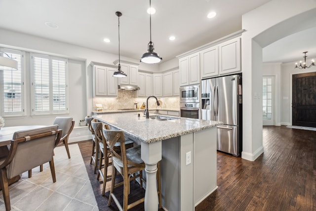 5400 Fringetree Dr, Mckinney, TX 75071 - kitchen with appliances with stainless steel finishes, a sink, under cabinet range hood, tasteful backsplash, and light stone countertops