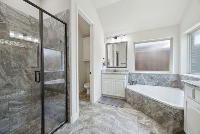 5400 Fringetree Dr, Mckinney, TX 75071 - bathroom featuring a bath, a stall shower, vanity, and toilet