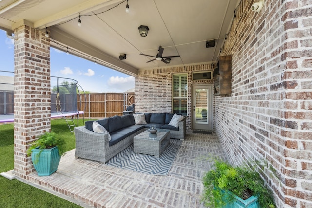5400 Fringetree Dr, Mckinney, TX 75071 - view of patio featuring a trampoline, ceiling fan, an outdoor living space, and fence