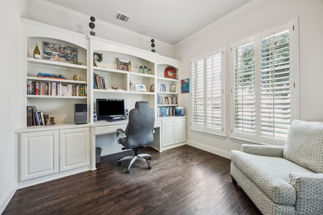 5400 Fringetree Dr, Mckinney, TX 75071 - office featuring dark wood finished floors, baseboards, ornamental molding, and built in desk