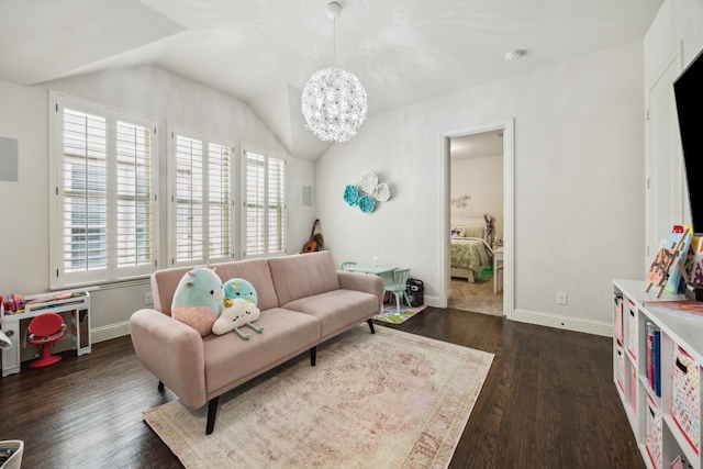 5400 Fringetree Dr, Mckinney, TX 75071 - living room with lofted ceiling, baseboards, a chandelier, and dark wood-style floors