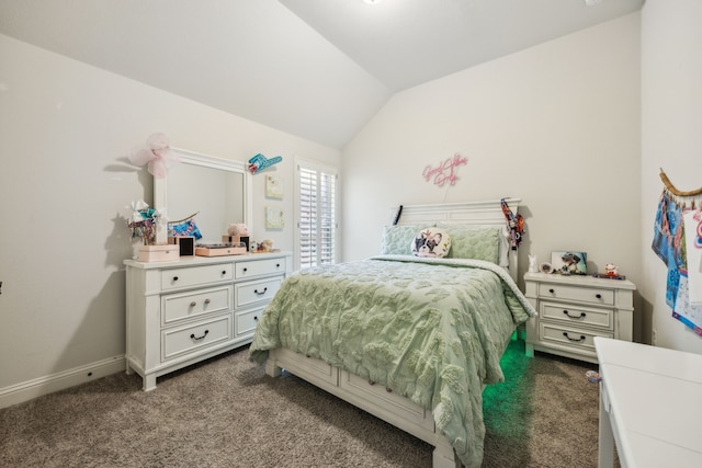 5400 Fringetree Dr, Mckinney, TX 75071 - bedroom with dark colored carpet, lofted ceiling, and baseboards