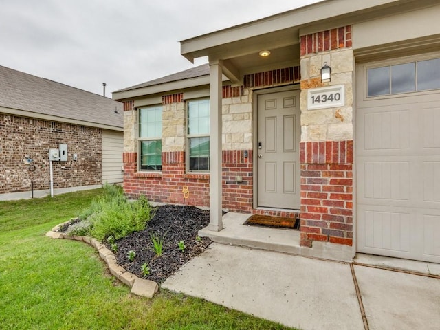 14340 Cloudview Way, Fort Worth, TX 76052 - doorway to property with brick siding, stone siding, and a yard