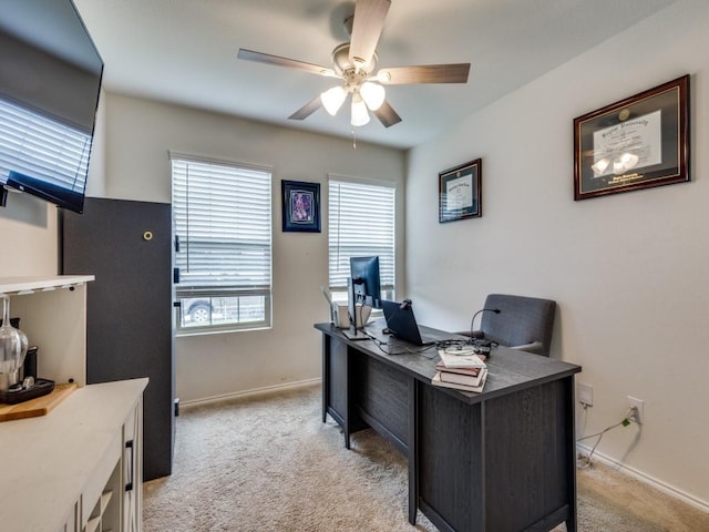 14340 Cloudview Way, Fort Worth, TX 76052 - home office featuring ceiling fan, light colored carpet, and baseboards