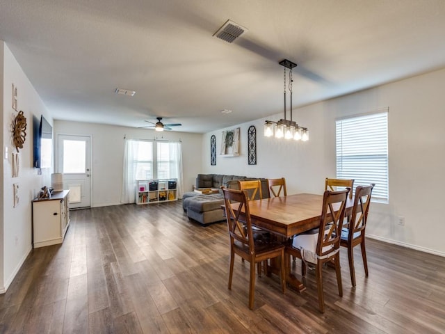 14340 Cloudview Way, Fort Worth, TX 76052 - dining space featuring dark wood-style floors, ceiling fan, and baseboards