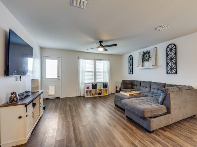 14340 Cloudview Way, Fort Worth, TX 76052 - living room featuring a ceiling fan and dark wood-style flooring