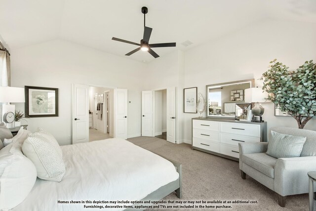 bedroom with light carpet, high vaulted ceiling, and ceiling fan