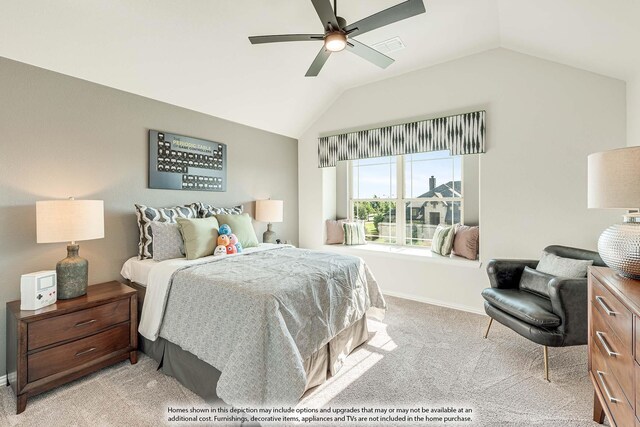 bedroom featuring vaulted ceiling, light carpet, baseboards, and a ceiling fan