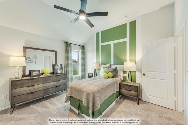 bedroom featuring vaulted ceiling, light carpet, and ceiling fan