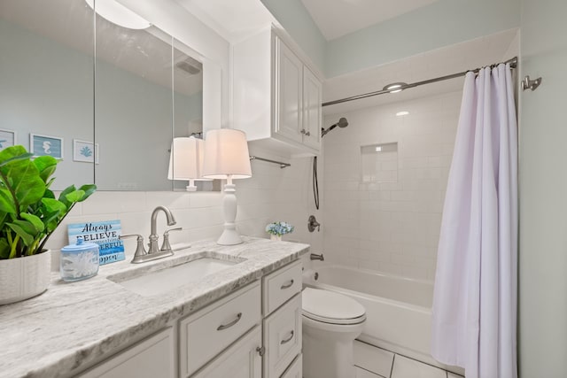 full bathroom with shower / bath combination with curtain, vanity, toilet, decorative backsplash, and tile patterned flooring