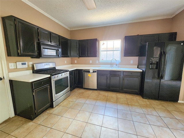 kitchen featuring stainless steel dishwasher, black fridge with ice dispenser, a sink, a textured ceiling, and crown molding