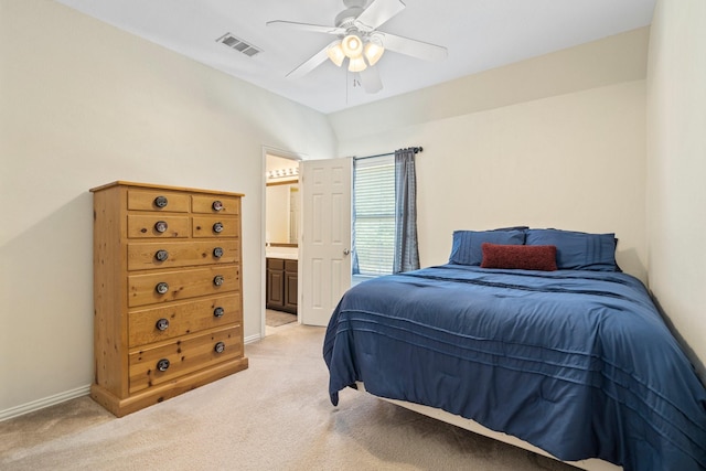 2499 Streamside Ct, Frisco, TX 75036 - bedroom featuring light carpet, baseboards, a ceiling fan, and ensuite bath