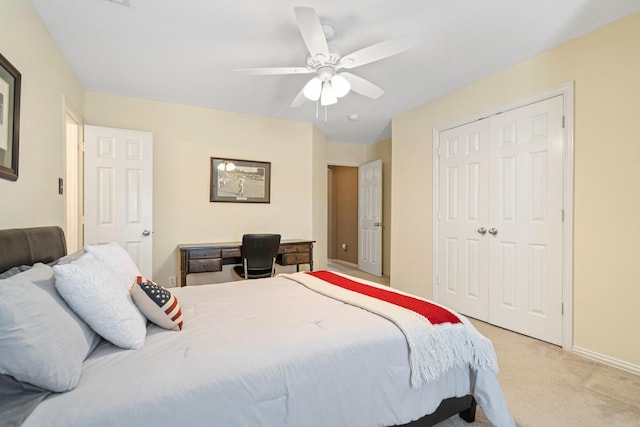 2499 Streamside Ct, Frisco, TX 75036 - bedroom with light carpet, a closet, ceiling fan, and baseboards