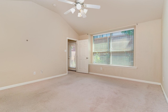 3644 Vienna St, Irving, TX 75038 - empty room with light carpet, baseboards, lofted ceiling, and ceiling fan