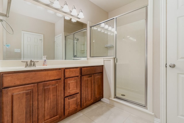 3644 Vienna St, Irving, TX 75038 - bathroom with tile patterned floors, a stall shower, and vanity