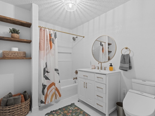 138 Selma Rd, Bowie, TX 76230 - full bathroom with a textured ceiling, toilet, tile patterned floors, vanity, and shower / bath combo