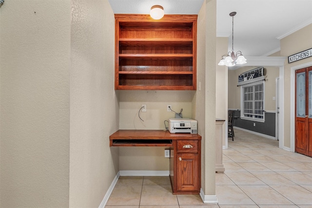 10612 Calaveras Dr, Waco, TX 76708 - interior space with a chandelier, light tile patterned floors, ornamental molding, baseboards, and open shelves