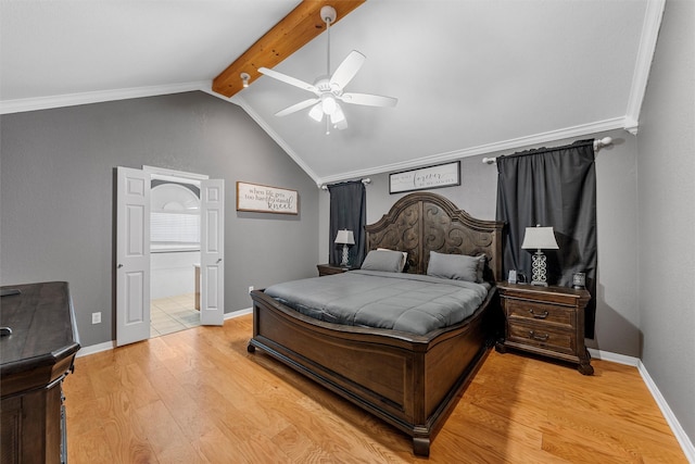 10612 Calaveras Dr, Waco, TX 76708 - bedroom with light wood-type flooring, baseboards, a ceiling fan, ornamental molding, and ensuite bathroom