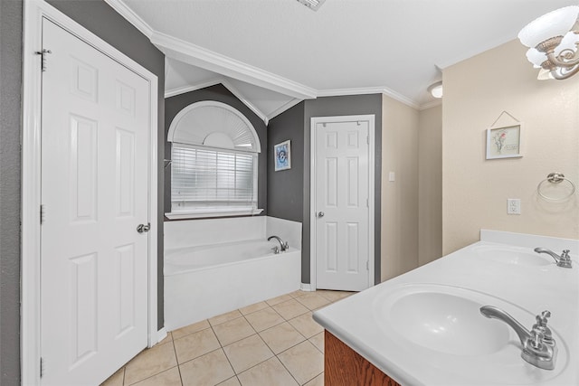 10612 Calaveras Dr, Waco, TX 76708 - bathroom featuring ornamental molding, a bath, tile patterned flooring, and double vanity