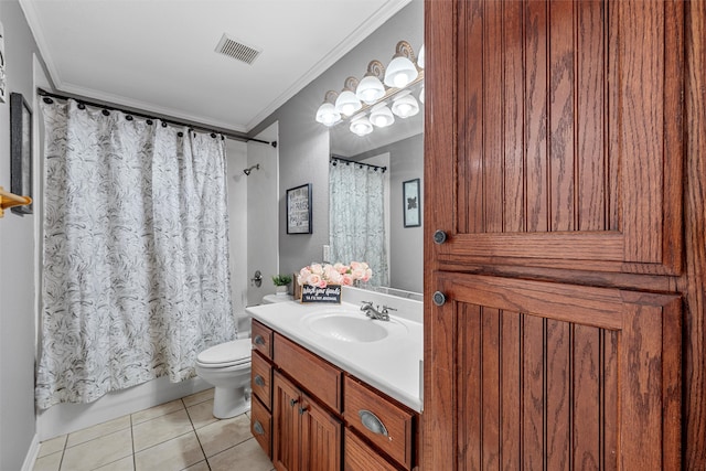 10612 Calaveras Dr, Waco, TX 76708 - bathroom featuring tile patterned flooring, ornamental molding, toilet, vanity, and shower / bath combo