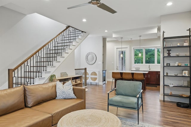 461 Rayner Ave, Fort Worth, TX 76111 - living room featuring dark wood-style floors, stairs, recessed lighting, a ceiling fan, and baseboards