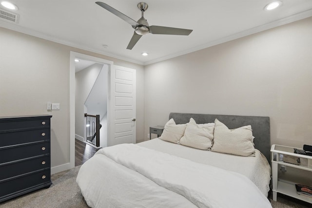461 Rayner Ave, Fort Worth, TX 76111 - carpeted bedroom with recessed lighting, crown molding, ceiling fan, and baseboards
