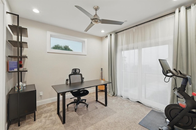 461 Rayner Ave, Fort Worth, TX 76111 - office area with light colored carpet, ceiling fan, baseboards, and recessed lighting