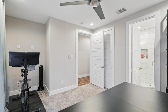 461 Rayner Ave, Fort Worth, TX 76111 - workout room featuring carpet flooring, a ceiling fan, baseboards, and recessed lighting