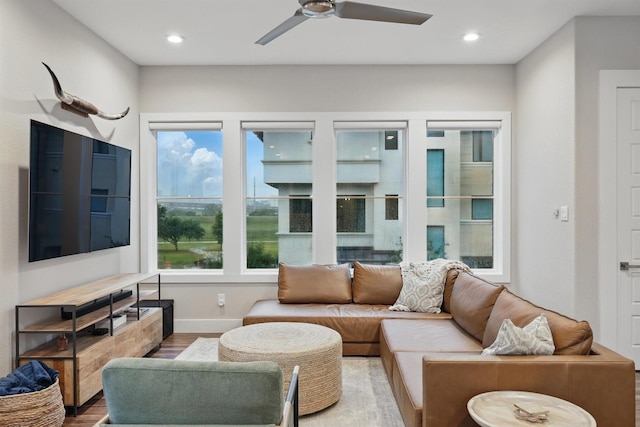 461 Rayner Ave, Fort Worth, TX 76111 - living room with wood finished floors, ceiling fan, recessed lighting, and baseboards
