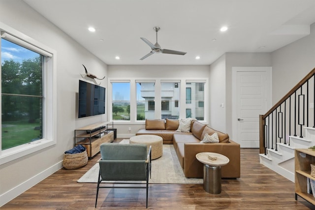 461 Rayner Ave, Fort Worth, TX 76111 - living room with stairs, ceiling fan, wood finished floors, recessed lighting, and baseboards
