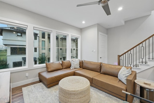 461 Rayner Ave, Fort Worth, TX 76111 - living room with baseboards, a ceiling fan, wood finished floors, stairs, and recessed lighting