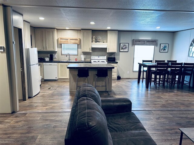204 N Marion St, Richland Springs, TX 76871 - kitchen with white appliances, open floor plan, dark wood finished floors, recessed lighting, and a center island