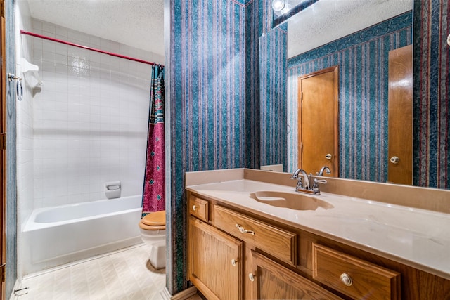 bathroom featuring a textured ceiling, wallpapered walls, toilet, shower / bathtub combination with curtain, and vanity