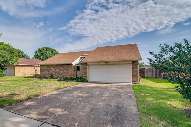 single story home with brick siding, an attached garage, concrete driveway, roof with shingles, and central AC