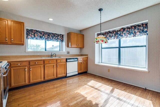 kitchen with white dishwasher, wallpapered walls, a sink, a textured ceiling, and light wood-type flooring