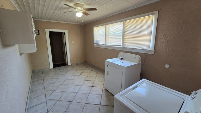897 Sunset Dr, Abilene, TX 79605 - laundry room with separate washer and dryer, a ceiling fan, ornamental molding, light tile patterned floors, and a textured wall
