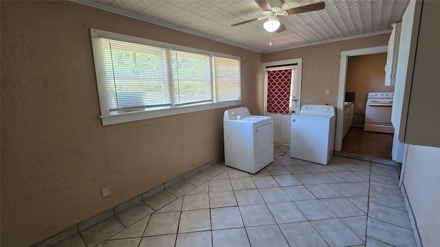 897 Sunset Dr, Abilene, TX 79605 - laundry room featuring independent washer and dryer, ornamental molding, ceiling fan, light tile patterned floors, and a textured wall